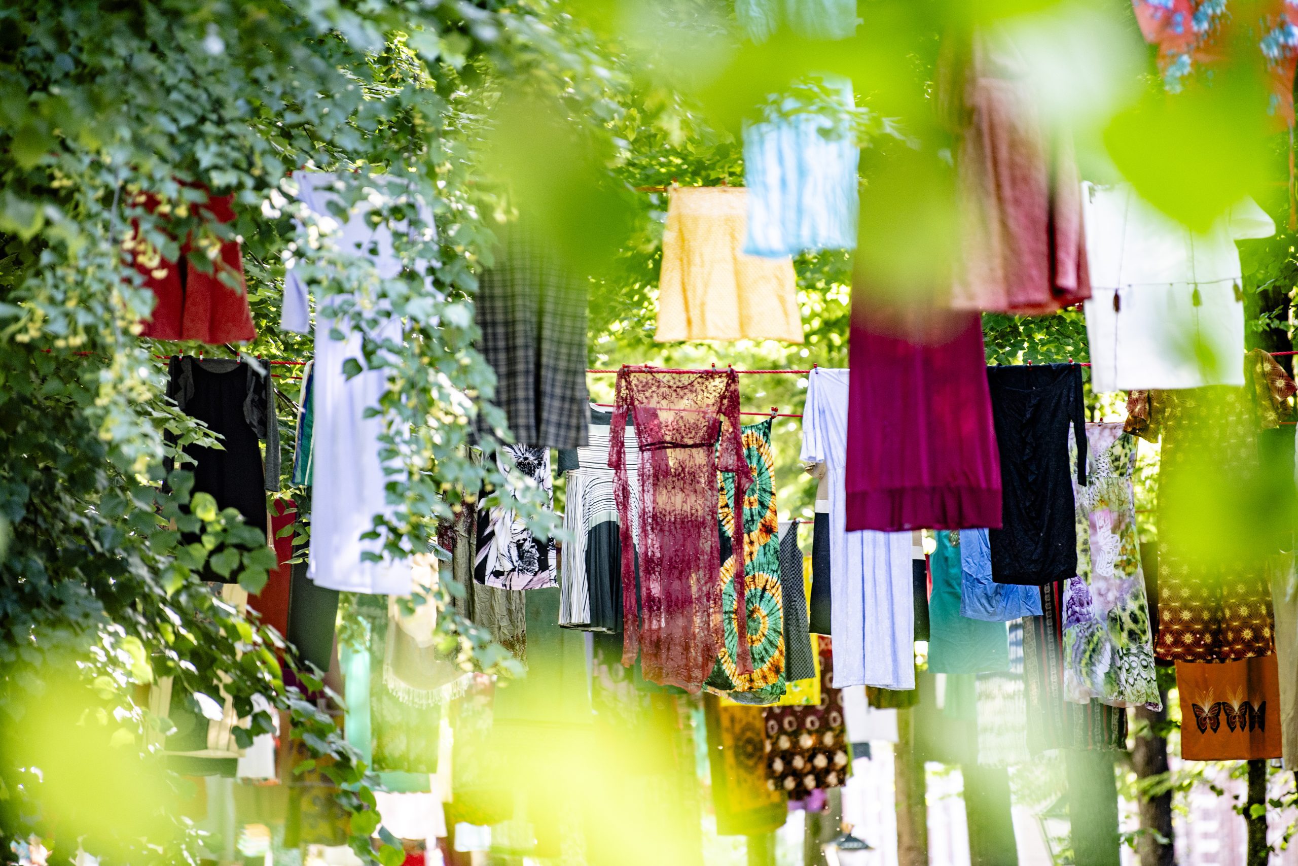 Dresses hung on the Lange Voorhout in between the leaves.